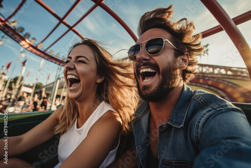 Couple on a rollercoaster, Summer vacation, Excited couple enjoying a thrilling rollercoaster at an amusement park. photo