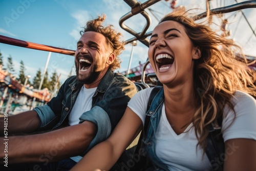 Couple on a rollercoaster, Summer vacation, Excited couple enjoying a thrilling rollercoaster at an amusement park. © visoot
