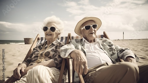 Senior couple relaxing on the beach on sunny day.