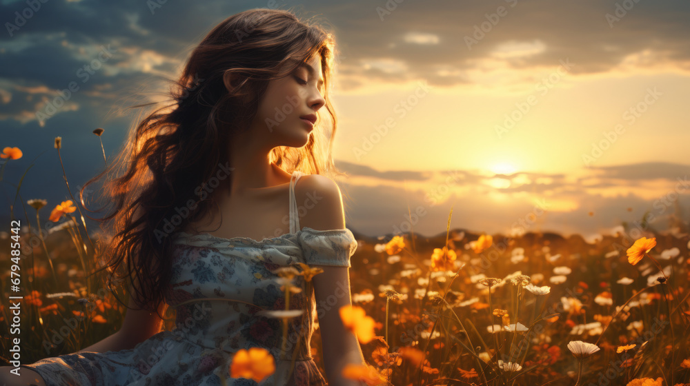 Woman relax at grass field on sunset sky background. Generative ai.