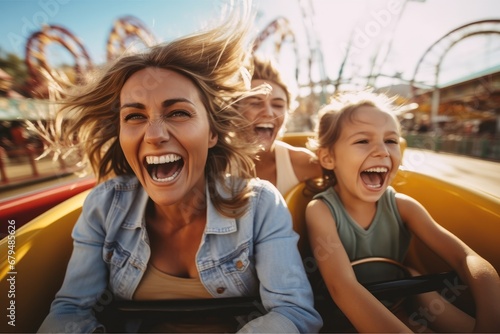 Family on a rollercoaster at an amusement park, Experiencing excitement.
