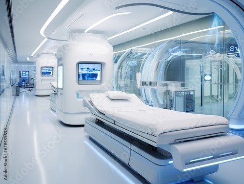 AI-Controlled Medical Bay: A futuristic facility with robotic beds, holographic displays, and advanced medical tech in a sterile environment.