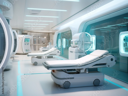 AI-Controlled Medical Bay  A futuristic facility with robotic beds  holographic displays  and advanced medical tech in a sterile environment.