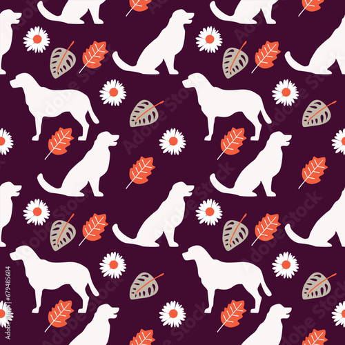 Seamless vector pattern with a dog on a floral background. seamless dog with tropical leaves. floral seamless pattern with leaves