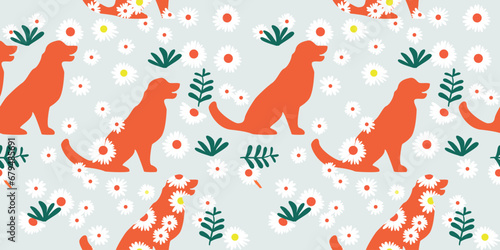 Seamless vector pattern with a dog on a floral background. seamless dog with tropical leaves. floral seamless pattern with leaves