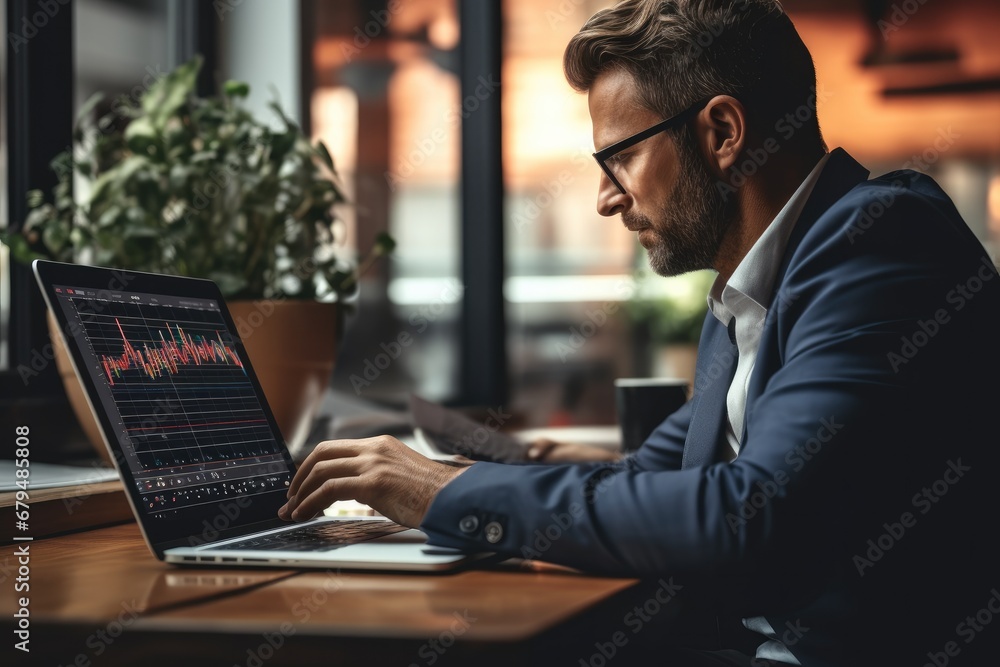 Business man using laptop computer working with analysis business data market share, Report information review, Business strategy analysis concept. Business man using laptop computer working with analysis business data market share, Report information review, Business strategy analysis concept.