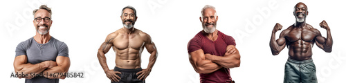 Set of Portrait of a middle aged man bodybuilder happy smiling, Standing posing arms crossed, isolated on white background, png