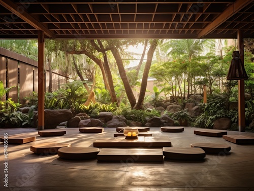 Bodhi Tree Yoga Oasis  an open-air studio  features a wooden platform with yoga mats  Buddha statues  and nature s backdrop.
