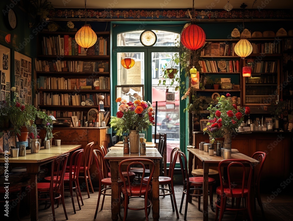 Café des Artistes, a bohemian-inspired coffee shop in Montmartre, features eclectic furniture, vintage artwork, and a shabby chic aesthetic.