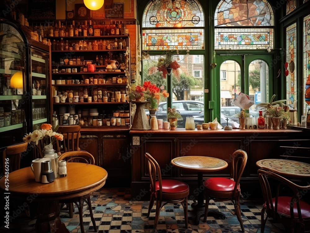 Café des Artistes, a bohemian-inspired coffee shop in Montmartre, features eclectic furniture, vintage artwork, and a shabby chic aesthetic.