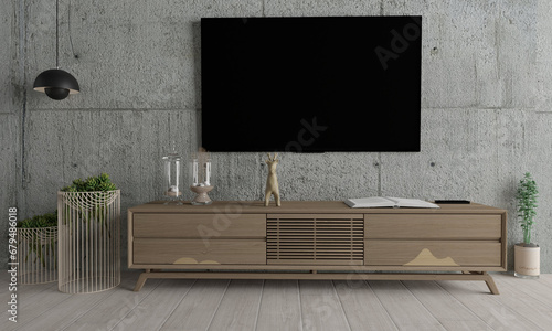 Sala de estar con TV y mueble de madera con pared de hormigón. intemperie. Renderizado 3D. decoración. photo