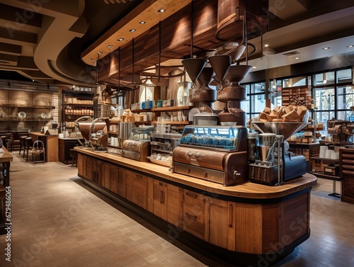 Café de l'Artisan, an artisanal coffee shop, showcases a wooden coffee bar, barista equipment, and a rustic ambiance.