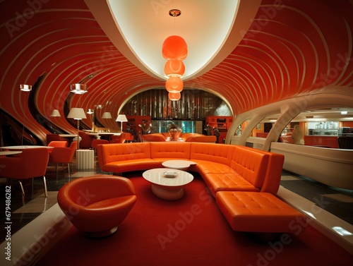 Doo-Wop lounge with curved, space-age furniture, vinyl seating, and a starburst clock. Vibrant reds, oranges, and neon accents create retro allure.