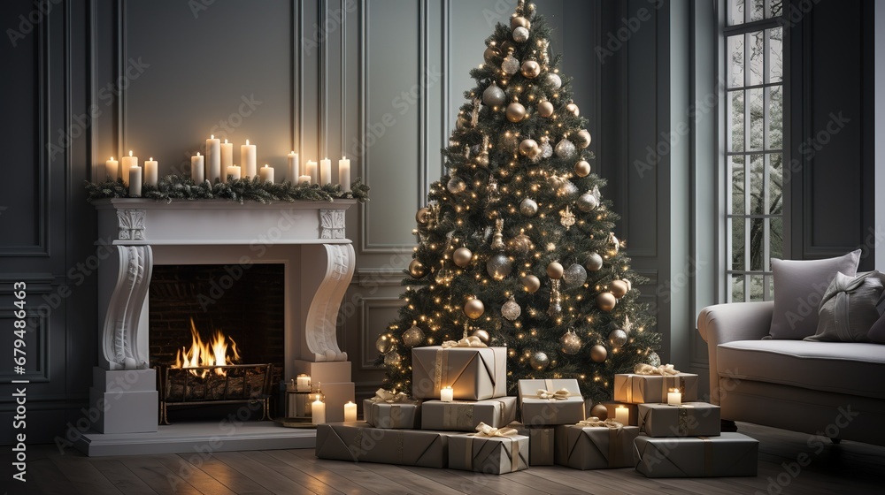 A green Christmas tree with gifts stands in the middle of the room in a living room. Christmas interior with cozy fireplace