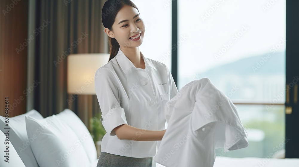 Thai female maid in a hotel housemaid uniform holding fresh towels in her hands, to make the bed on the bed, in hotel room, cleaning rooms in a luxury hotel, cleaning service Thai female maid in a hotel housemaid uniform holding fresh towels in her hands, to make the bed on the bed, in hotel room, cleaning rooms in a luxury hotel, cleaning service