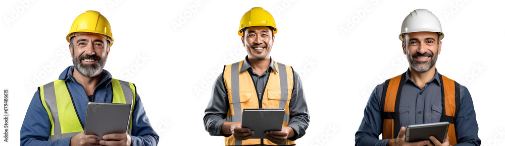 Set of Portrait of a middle aged man engineer smiling and wearing a helmet. hand holding using tablet computer, isolated on white background, png Set of Portrait of a middle aged man engineer smiling and wearing a helmet. hand holding using tablet computer, isolated on white background, png
