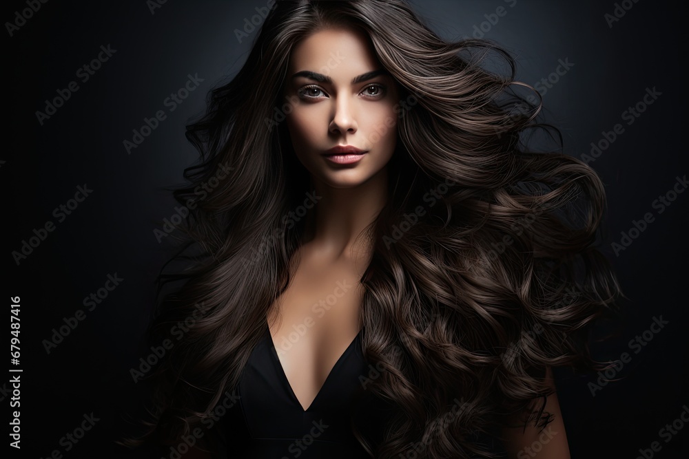Portrait of a beautiful brunette with long wavy hair on a dark background. Generated by AI. Portrait of a beautiful brunette with long wavy hair on a dark background. Generated by AI.