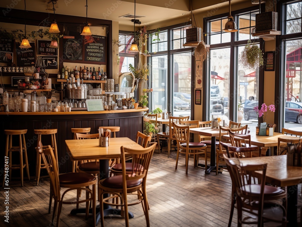 Discover Le Café de Quartier—a relaxed, rustic haven with wooden furniture, mismatched chairs, chalkboard menu, cozy ambiance, and vintage charm.