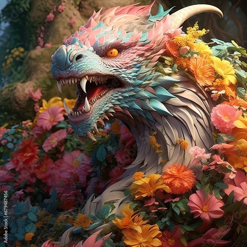 Flower dragon. The symbol of the Chinese New Year. Generated by AI.
