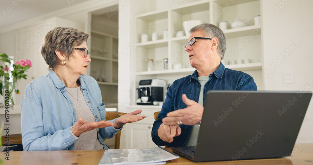 Laptop, budget and stress with a senior couple in their home together, talking about accounting or finance. Tax, debt or financial crisis with an elderly man and woman in disagreement about money - obrazy, fototapety, plakaty 