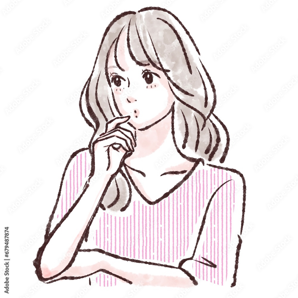 気づく/考える/うーん/悩む/?/疑問/質問/女性・女の子のイラスト素材 気づく/考える/うーん/悩む/?/疑問/質問/女性・女の子のイラスト素材