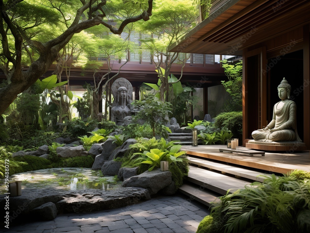 Discover the Buddha Garden Spa—an outdoor sanctuary with lush gardens, tranquil water feature, and serene Buddha statues.