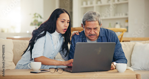 Woman, senior dad and laptop with teaching, reading and typing for email notification, web or search. Computer, elderly father and daughter with click, learning and family home lounge on social media