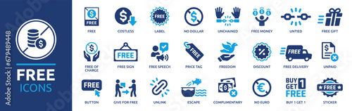 Free icon set. Containing freedom, no dollar, discount, costless, unpaid, complimentary, gratis, free sign and more. Solid vector icons collection. photo