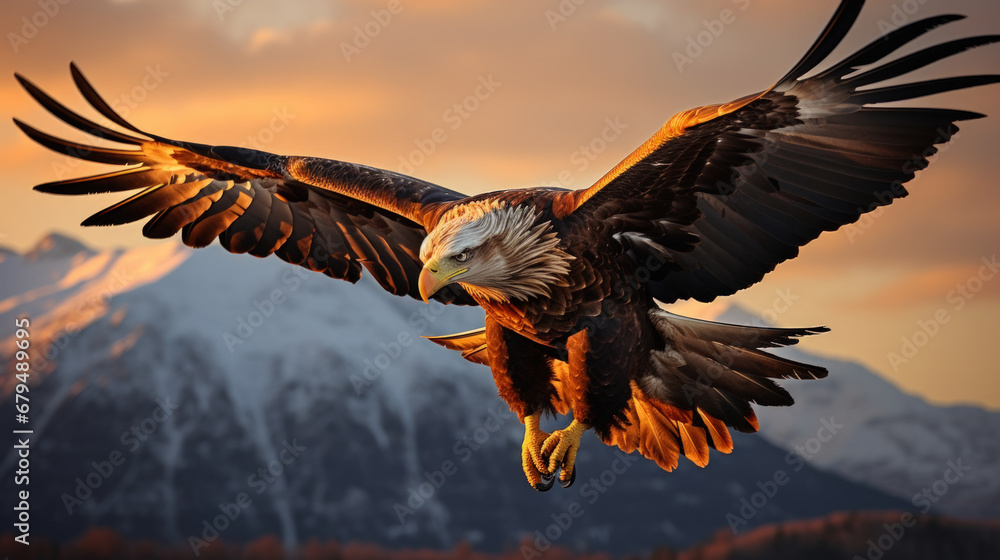 Eagle bird flying at nature lake on sunset sky background. Aninmal and freedom concept. Generative ai. - obrazy, fototapety, plakaty 