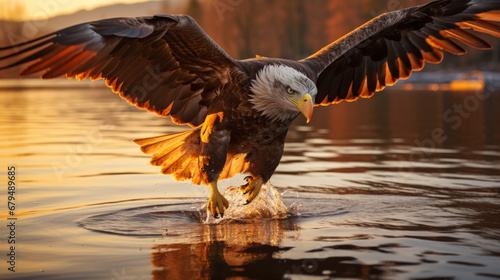 Eagle bird flying at nature lake on sunset sky background. Aninmal and freedom concept. Generative ai. photo
