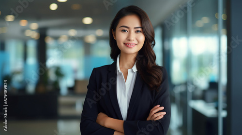 Young confident smiling Asian business woman leader, successful entrepreneur, professional company executive ceo manager, wearing suit standing in office with arms crossed. Made with generativ ai
