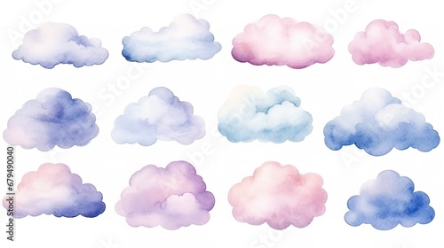 Abstract pattern of watercolor clouds on white background. Set of vector pastel colored paint stains