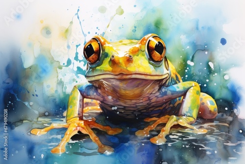 watercolor frog frog illustration with splash watercolor textured background unusual illustration watercolor frog © PinkiePie