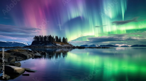 Northern lights over lake. aurora with clear reflection on the lake. beautiful scenery. 