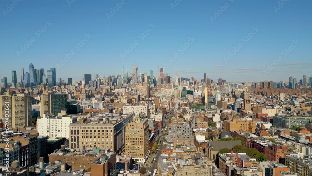 Aerial Panorama of Manhattan, SoHo View to Midtown, Beautiful Summer Day in NYC