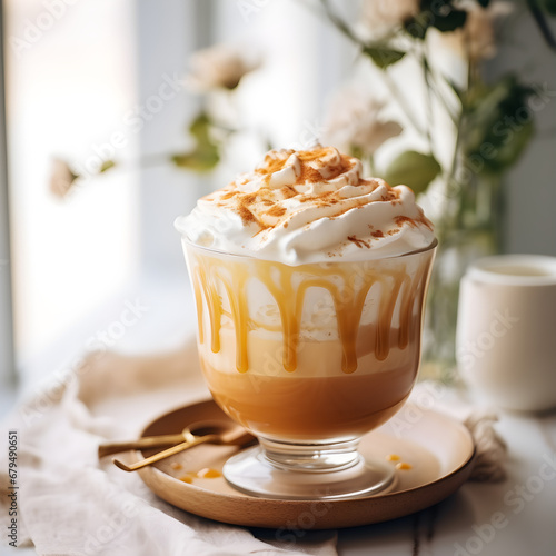 A latte with salted caramel and whipped cream photo