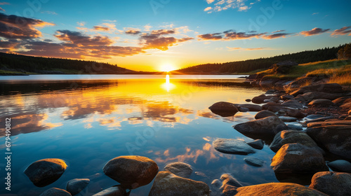 sunset over the lake HD 8K wallpaper Stock Photographic Image 