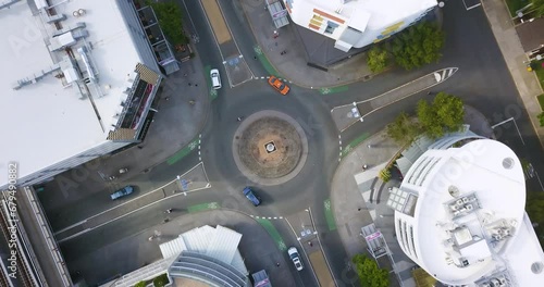 Drone top down angled view of traffic circle in Brisbane austrialia, zenithal view photo