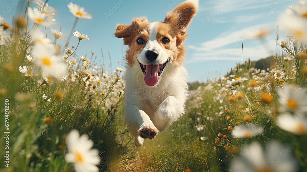 Obraz na płótnie Happy dog running at the camera in a blossoming flower meadow on sunny summer day. w salonie