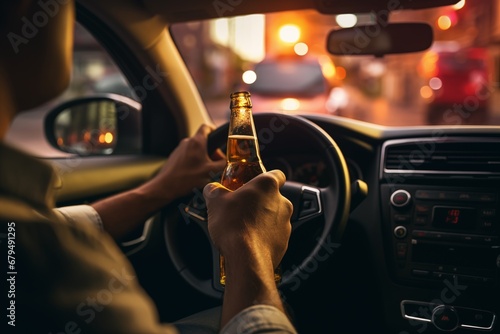 irresponsible driver sitting with a bottle of alcohol behind the wheel of a car, violator, traffic rules photo