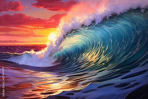 waves at sunset painting