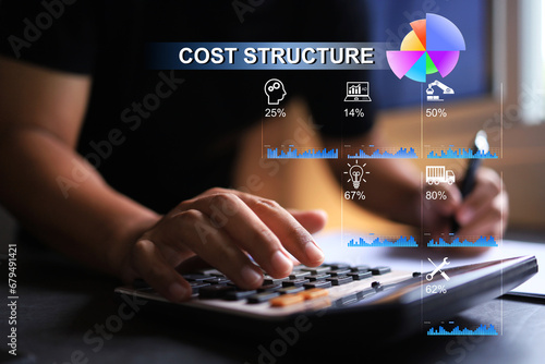 Cost structure concept with businessman entrepreneur using calculator to calculate cost of production, staffing, maintenance transportation and advertising before investment