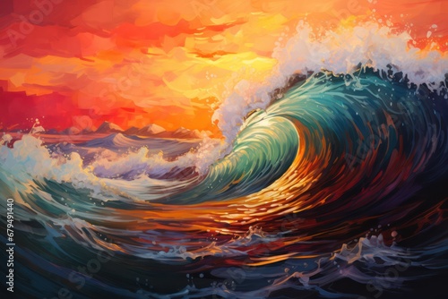 water wave at sunset painting