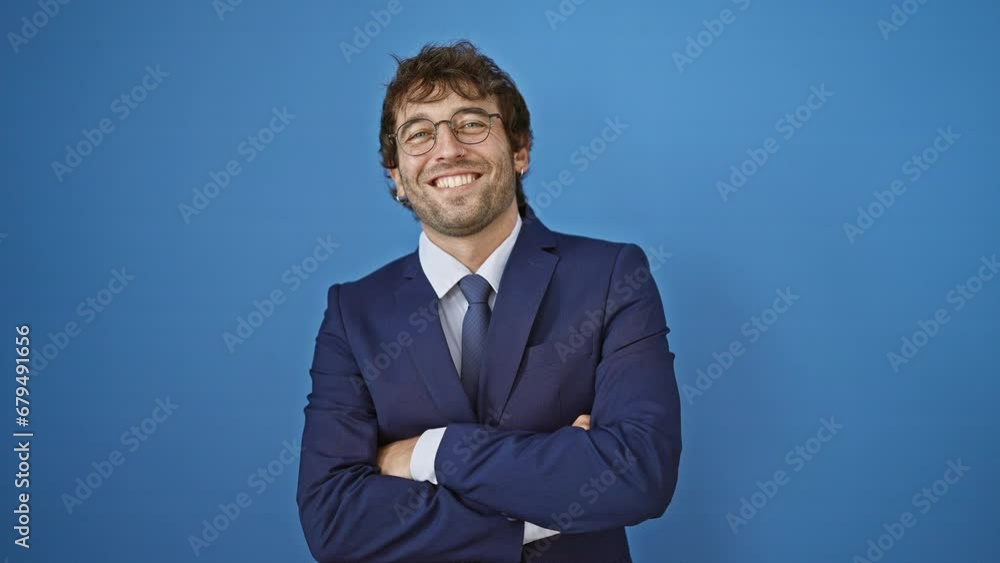 Cheerful young man dressed in cool business suit poses with crossed arms, looking at camera with a happy smile, isolated against a blue background Cheerful young man dressed in cool business suit poses with crossed arms, looking at camera with a happy smile, isolated against a blue background