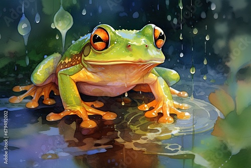 watercolor frog frog illustration with splash watercolor textured background unusual illustration watercolor frog © PinkiePie