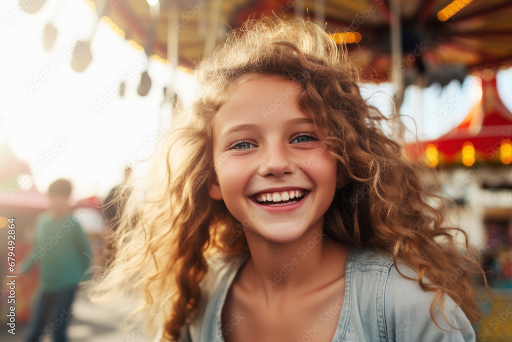 Fototapeta premium Cute girl having fun on a carnival carousel at an amusement park