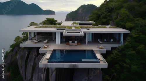 An aerial direct pool shot of a symmetric outdoor house built with a swimming pool and outdoor living room on top of a cliff in Brazil