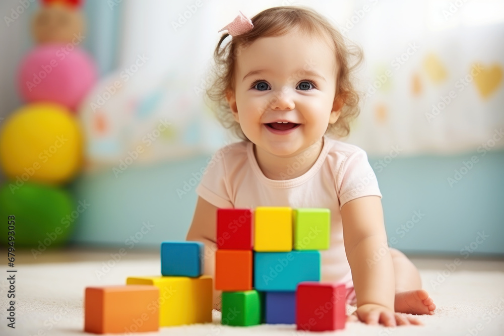 Baby girl playing with colorful toy blocks Baby girl playing with colorful toy blocks