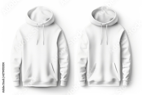 Blank white hoodie mockup, front and back view, vector illustration