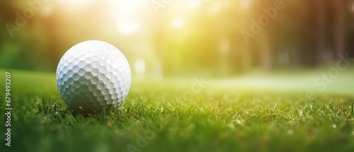 Close up photo of a golf ball on tee with blurred green bokeh background. Perfect for use in golf related advertising, social media posts, or website designs. photo